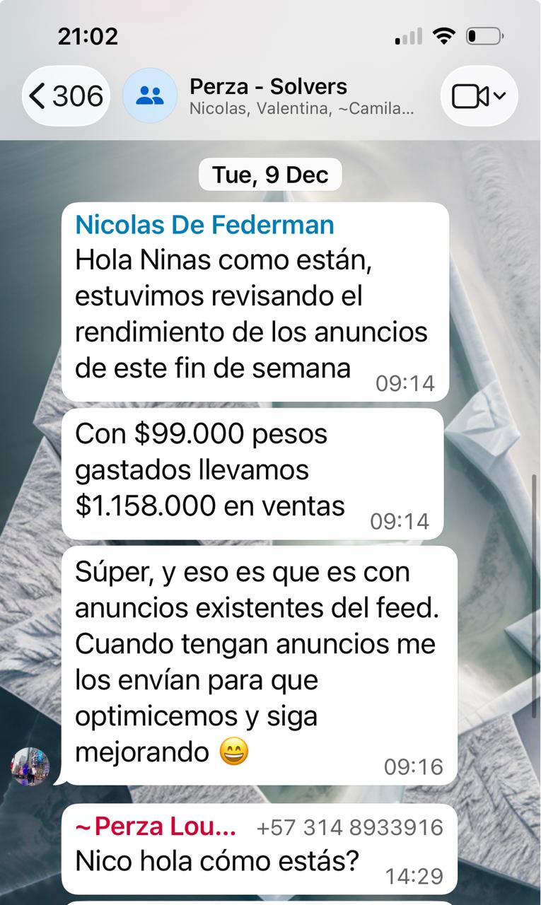 Conversación con resultado de ventas: $99.000 gastados y $1.158.000 en ventas